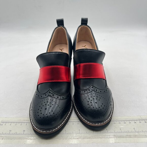 YDN Black/Red Chunky High Heels Round Toe Oxford Loafer Dress Shoe - Picture 3 of 8
